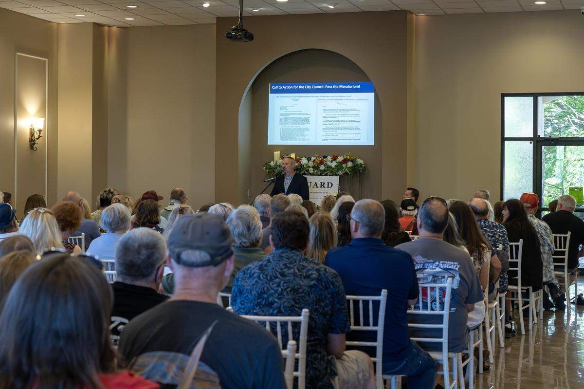 Community members attend a town hall meeting on Tuesday, June 2, 2026, in Independence. Organizers discussed ongoing efforts to oppose the proposed Nebius data center project.