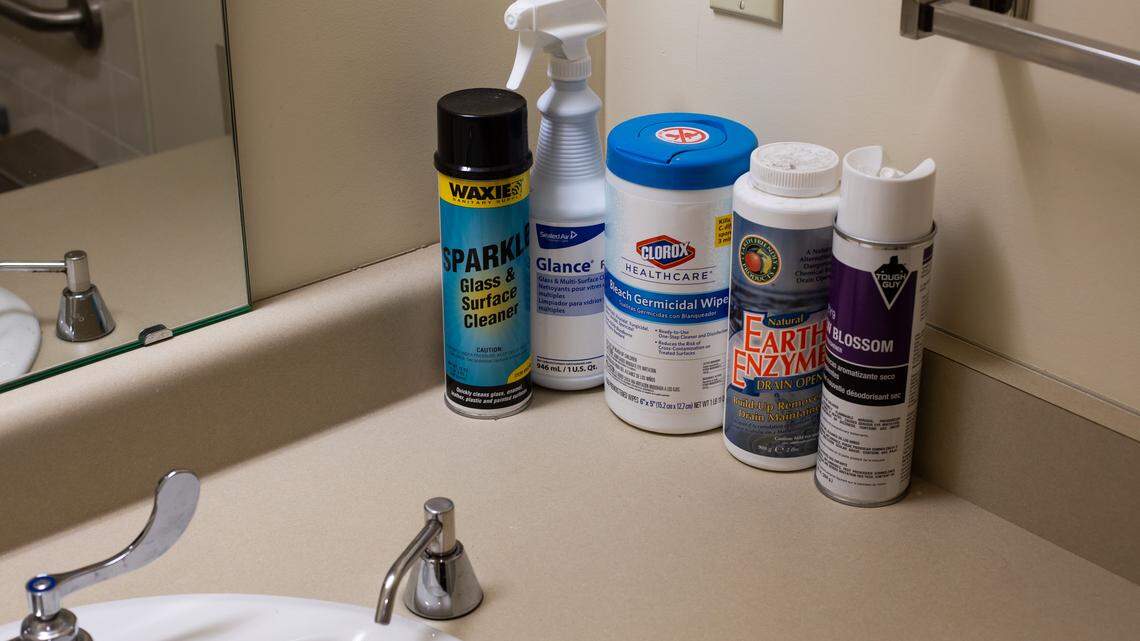 Cleaning supplies in bathroom.