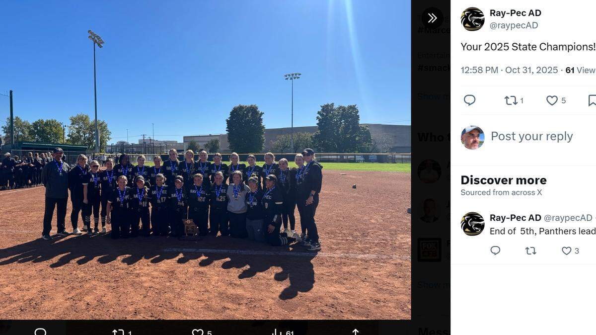 The Raymore-Peculiar High School softball team beat Rock Bridge of Columbia 6-4 on Friday, Oct. 31, 2025 in Springfield to claim the 2025 Missouri fall state championship.