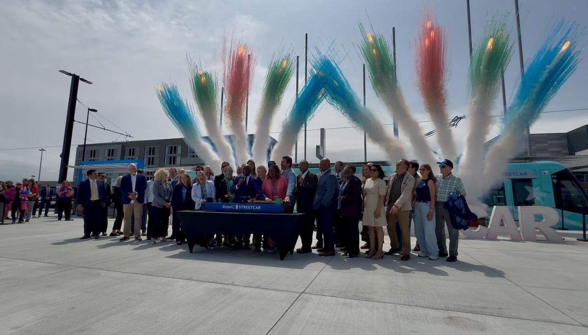 Dignitaries, including Mayor Quinton Lucas and U.S. Representative Emanuel Cleaver, flipped the ceremonial switch to open the Riverfront streetcar extension. May 18, 2026.