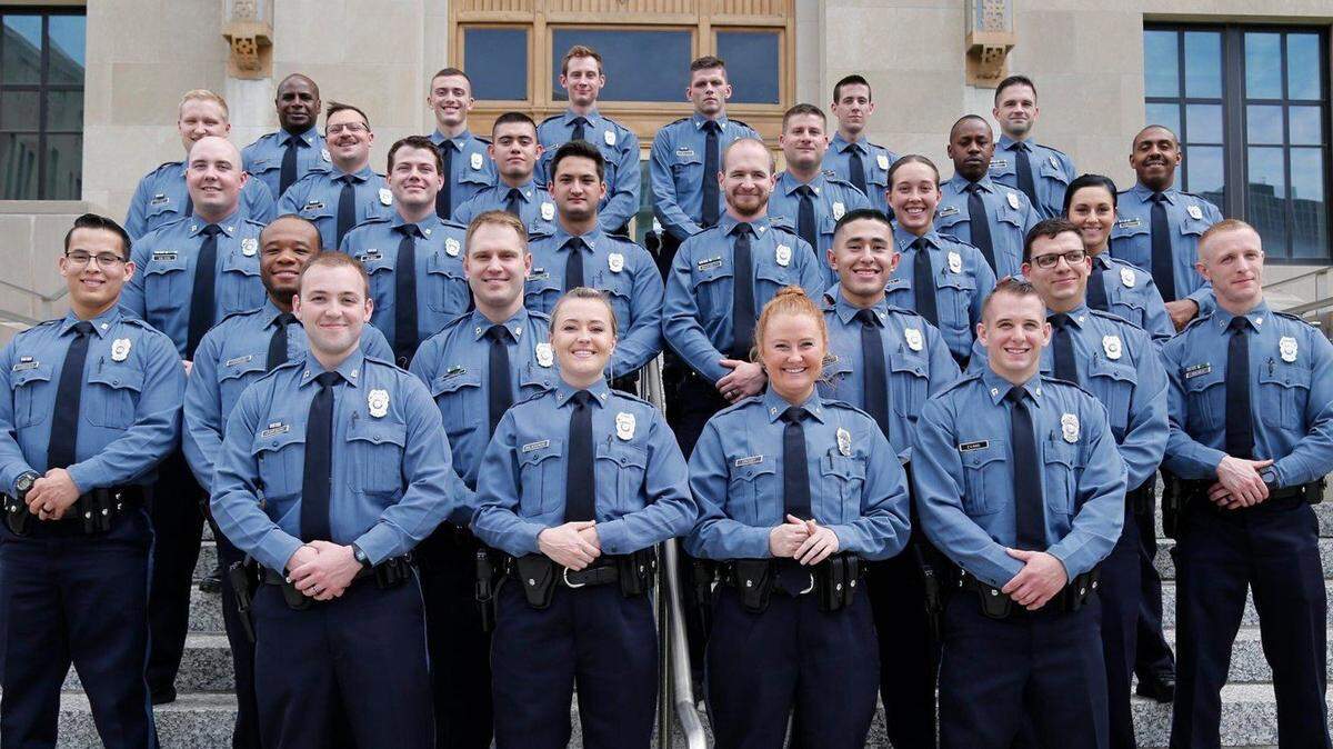 2019 graduates from the Kansas City Police Department’s Regional Police Academy pose for a class photo.