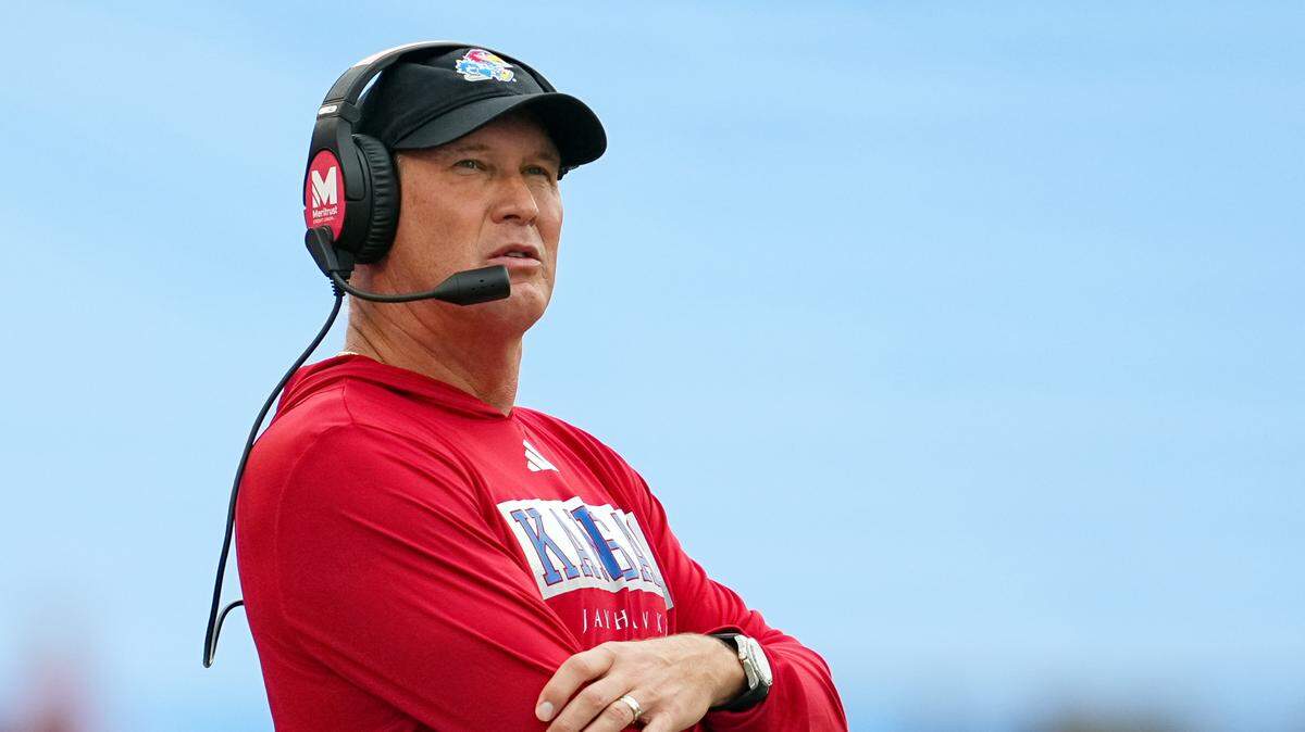 Kansas Jayhawks head coach Lance Leipold reacts during the first half against the BYU Cougars at David Booth Kansas Memorial Stadium on Sept. 23, 2023.