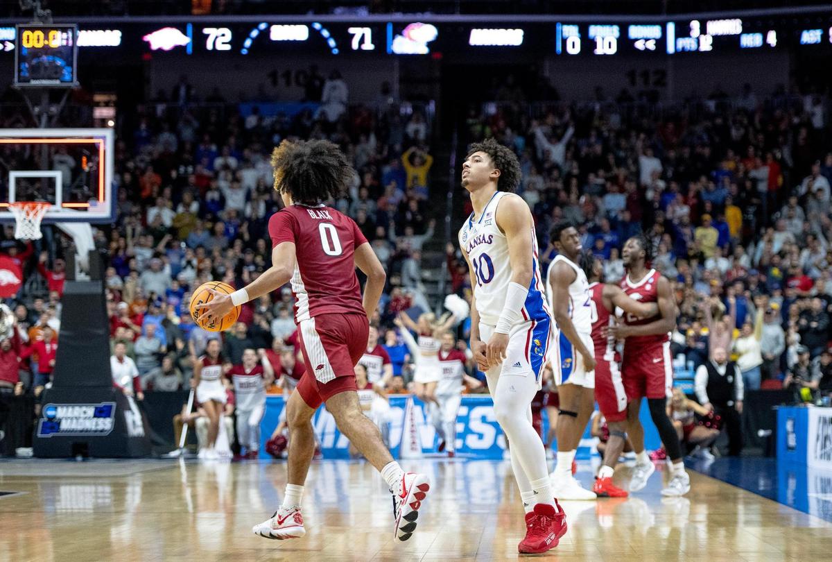 Kansas forward Jalen Wilson (10) walks off the court after losing 72-71 to Arkansas in a second-round college basketball game in the NCAA Tournament Saturday, March 18, 2023, in Des Moines, Iowa.