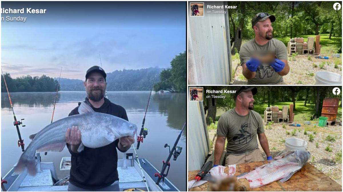 Two fishermen caught a blue catfish on the Ohio River in Indiana, and inside it was a large sex toy.