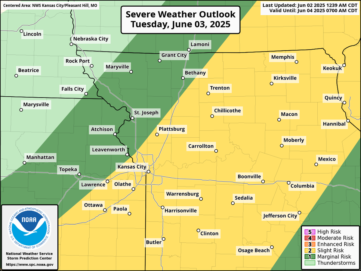 The National Weather Service’s Storm Prediction Center has placed Kansas City under a slight risk of severe weather on Tuesday. Damaging winds and large hail will be possible. Heavy rains and flash flooding are also likely to occur. The threat of tornadoes is low.&nbsp;