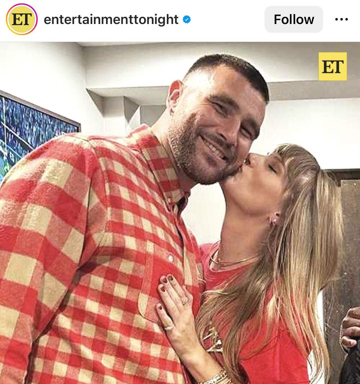 Kelce wore bold plaid the first time the public saw Swift kissing him after a game at GEHA Field at Arrowhead Stadium.