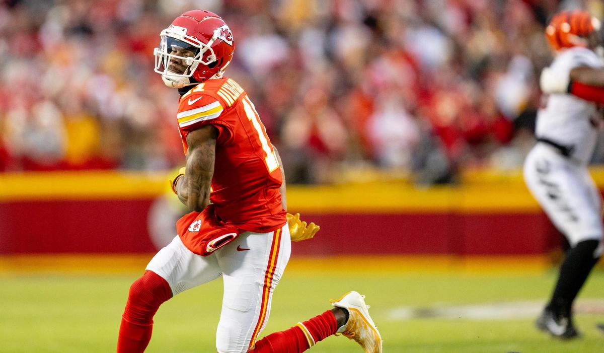 Kansas City Chiefs wide receiver Marquez Valdes-Scantling (11) reacts after dropping a pass against the Cincinnati Bengals during an NFL football game at GEHA Field at Arrowhead Stadium on Sunday, Dec. 31, 2023, in Kansas City.