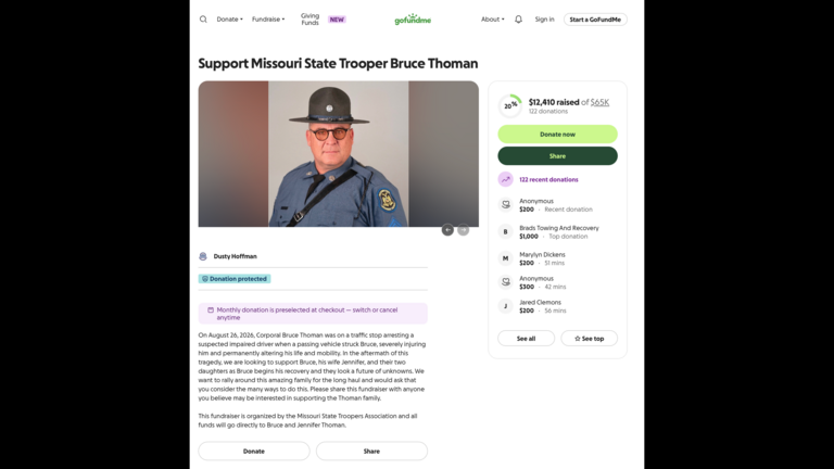 Missouri state trooper struck by car identified; fundraiser created for family