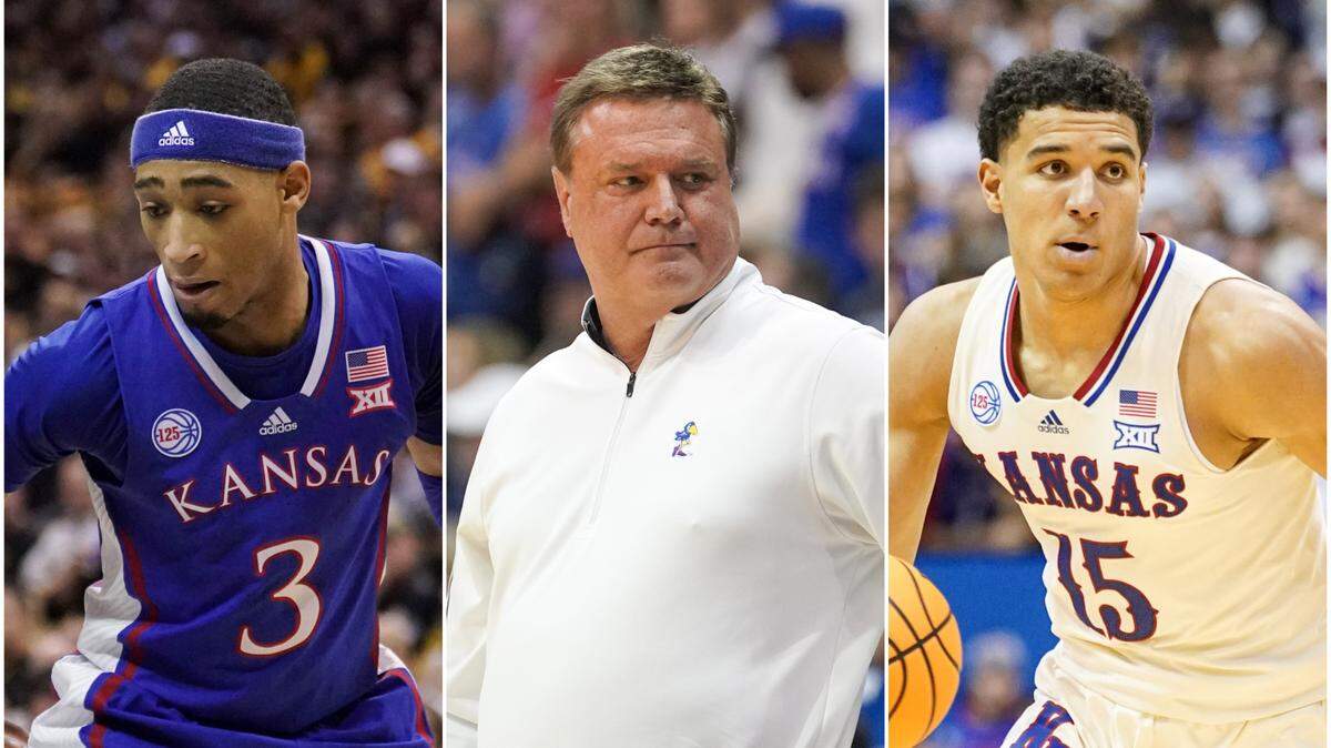 Photo collage: Dajuan Harris (left), Bill Self (middle) and Kevin McCullar (right) are all part of KU basketball earning a preseason No. 1 ranking by various media outlets.