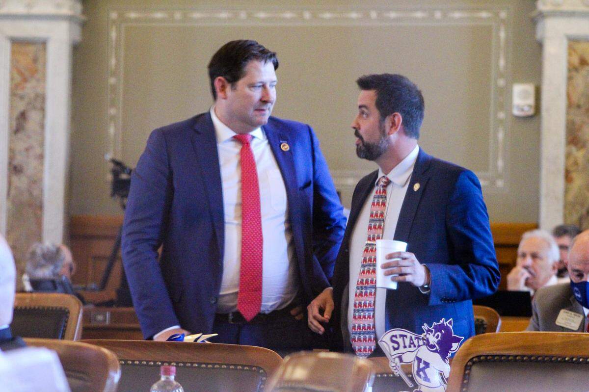Rep. Mark Samsel (R-Wellsville), right, spoke to Speaker of the House Ron Ryckman last May. At the time, Ryckman was keeping an eye on Samsel to make sure he was OK.