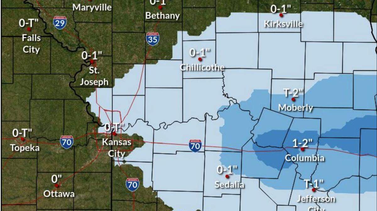 A fast-moving winter storm is expected to bring snow to the Kansas City region on Saturday, according to the National Weather Service. Between a dusting to less than an inch of snow is expected in the metro. The heaviest snowfall will be east of Kansas City along Interstate 70 in central Missouri, where up to 2 inches of snow is possible.