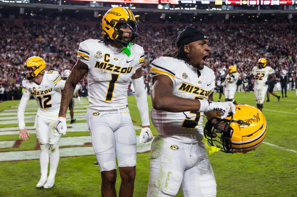 There was momentarily elation for the Missouri Tigers after wide receiver Luther Burden III, right, caught a late TD toss from QB Brady Cook (not pictured) during a Saturday, Nov. 16, 2024 college football game against the South Carolina Gamecocks at Williams-Brice Stadium in Columbia, South Carolina.