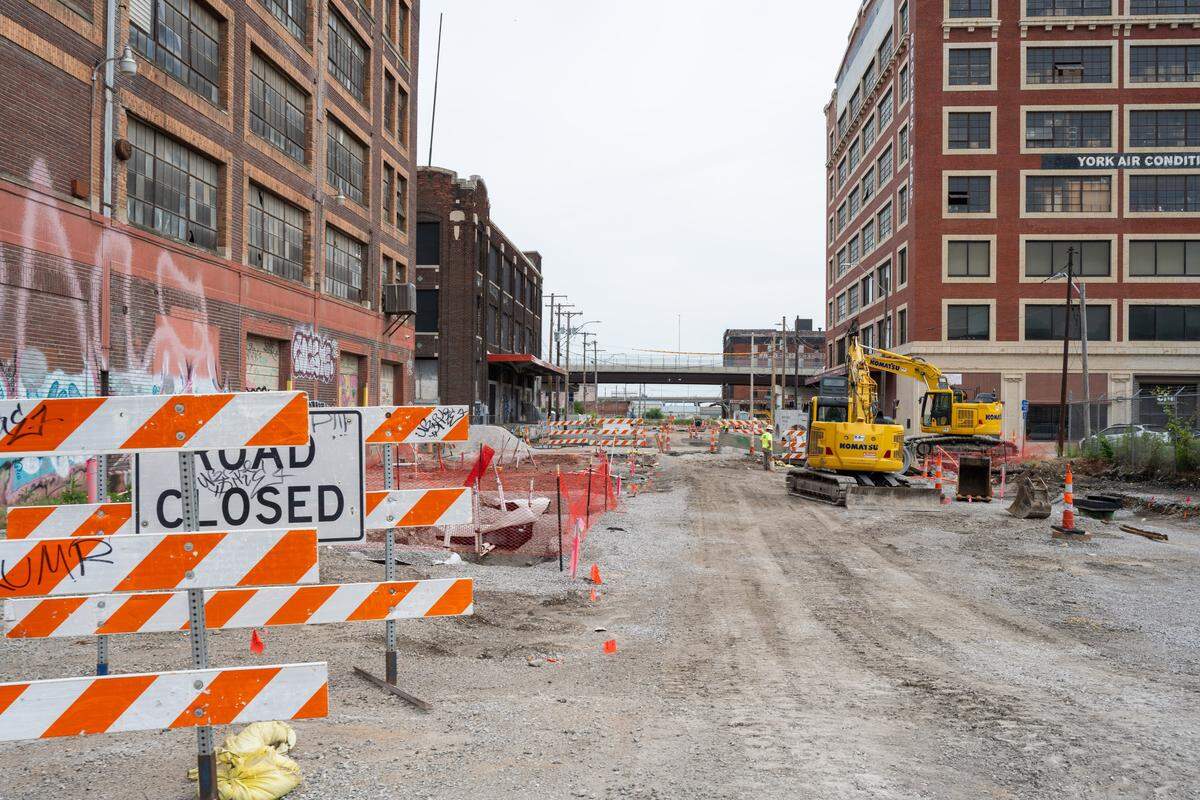 Construction crews at work in the West Bottoms near 11th and Santa Fe on Tuesday, June 2, 2026.