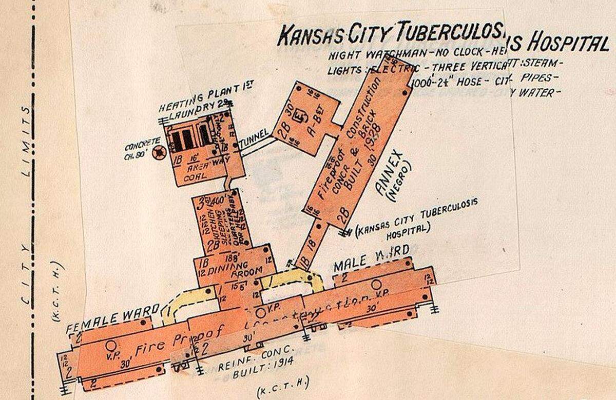 Sanborn Fire Insurance Map drawing of the Kansas City Tuberculosis Hospital, 1917-1945.