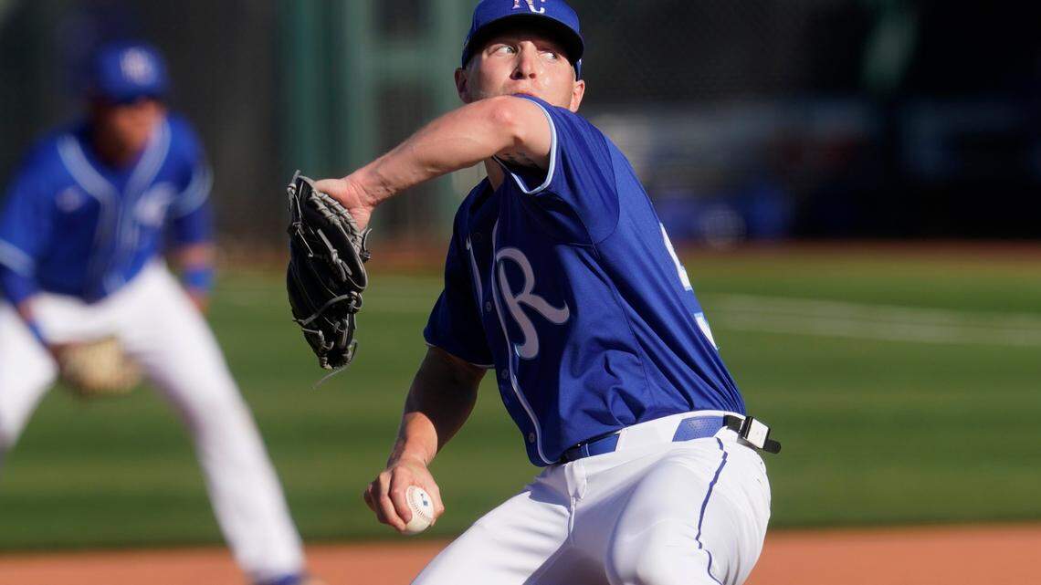 Kansas City Royals’ Tyler Zuber pitches during a spring training baseball game against the Los Angeles Dodgers, Friday, March 5, 2021, in Surprise, Ariz. (AP Photo/Sue Ogrocki)