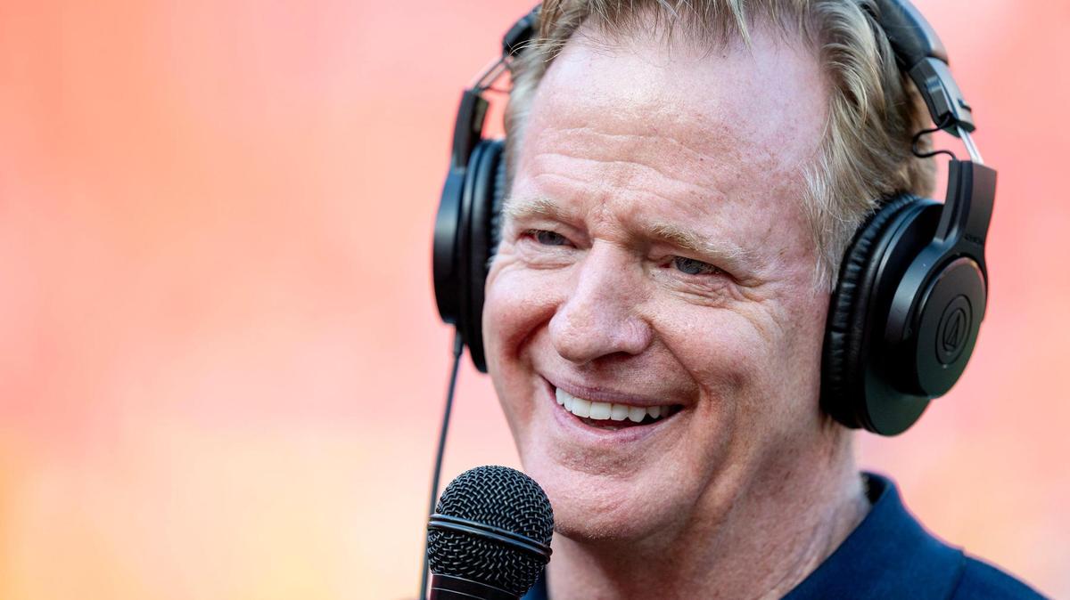NFL Commissioner Roger Goodell speaks during an interview before an NFL football game against the Detroit Lions on Thursday, Sept. 7, 2023, in Kansas City.