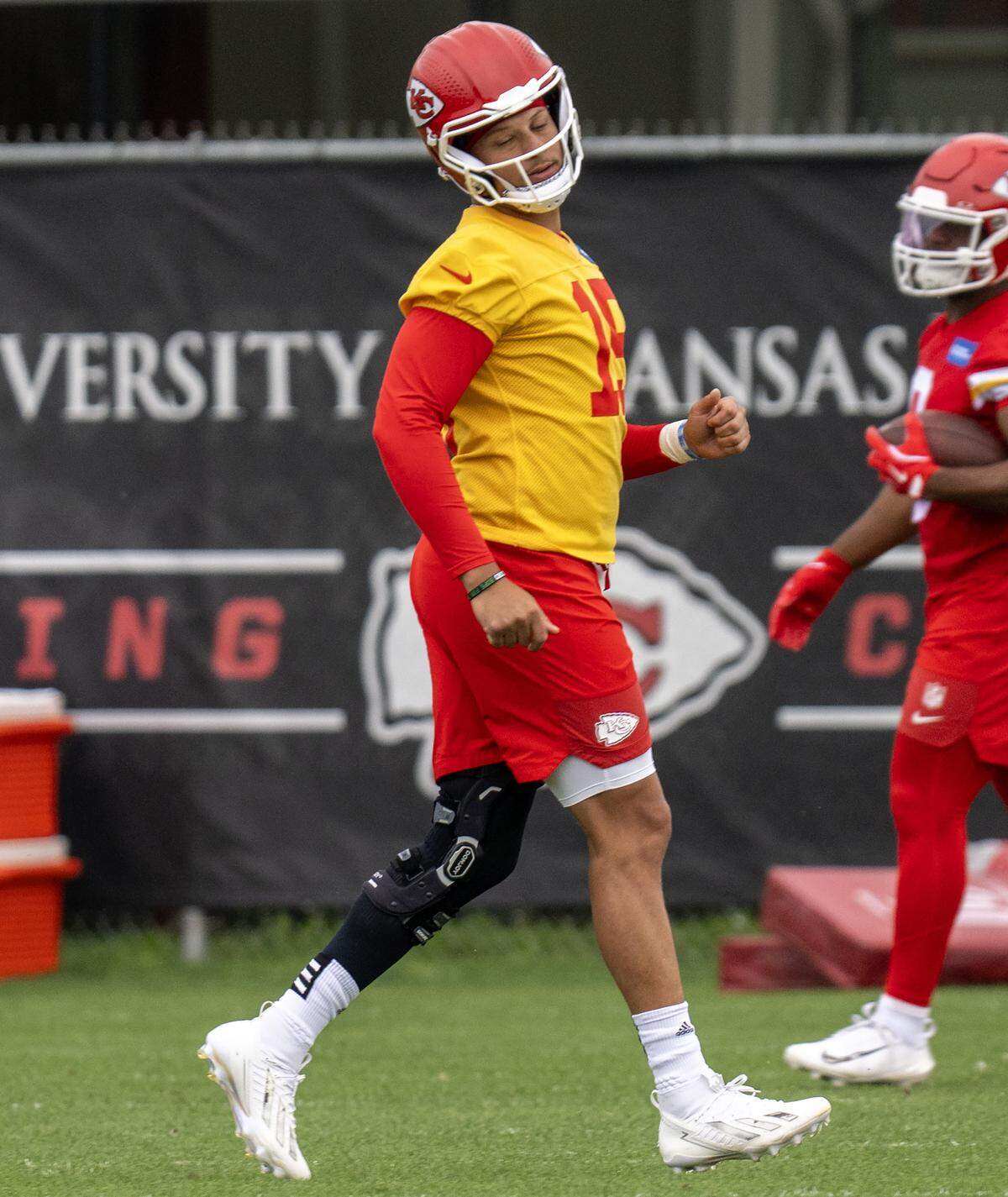 Kansas City Chiefs quarterback Patrick Mahomes (15) warms up during practice at the Chiefs' training facility on Thursday, May 28, 2026, in Kansas City.