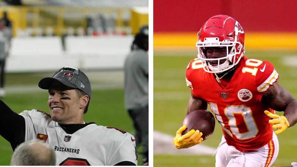 Tampa Bay Buccaneers quarterback Tom Brady, left, and Kansas City Chiefs wide receiver Tyreek Hill.