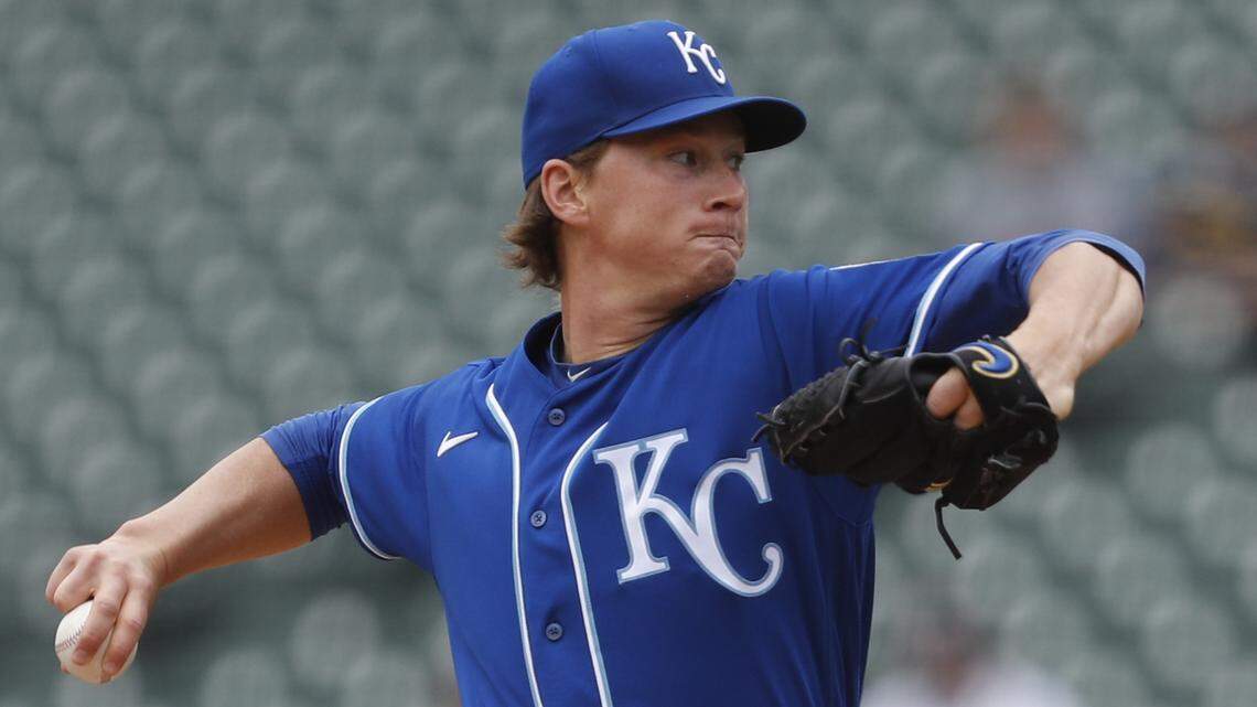 Kansas City Royals’ Brady Singer pitches to a Detroit Tigers batter during the first inning of a baseball game in Detroit, Saturday, April 24, 2021.