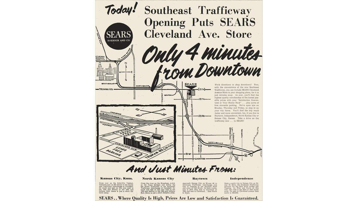 Advertisement for a new Sears store designed to draw shoppers away from downtown, 1962. 