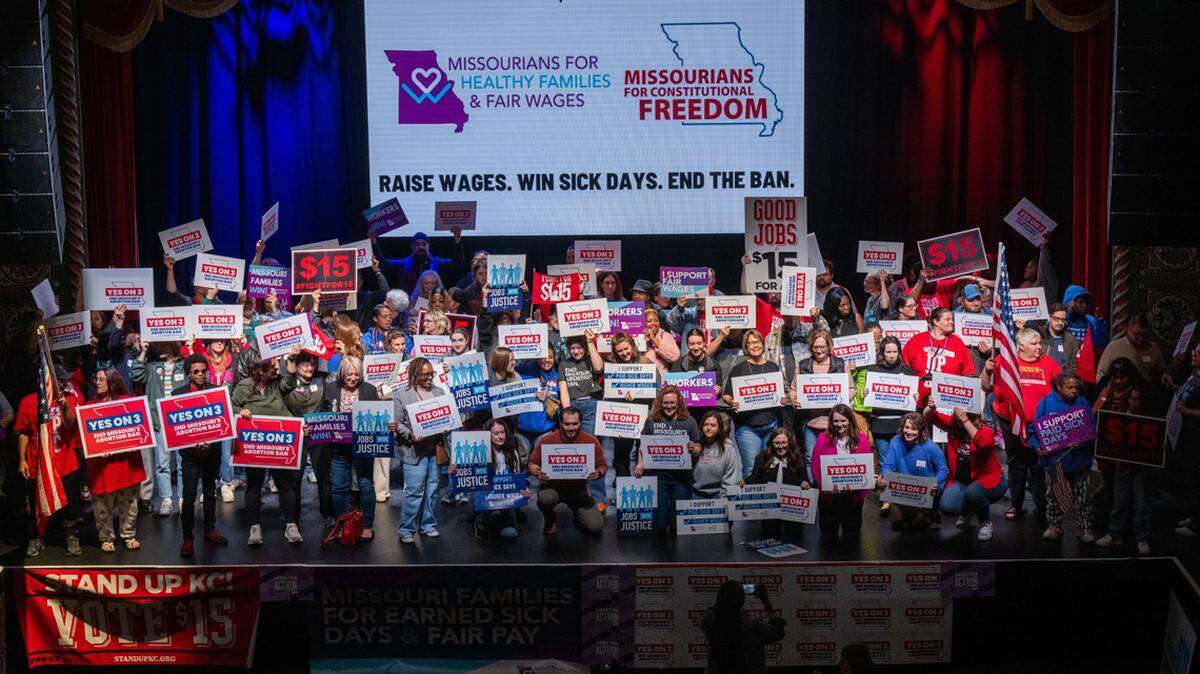Supporters and organizers of Amendment 3 and Proposition A celebrate the results of the election at a watch party at Uptown Theater in Kansas City on Election Day, Tuesday, Nov. 5, 2024.