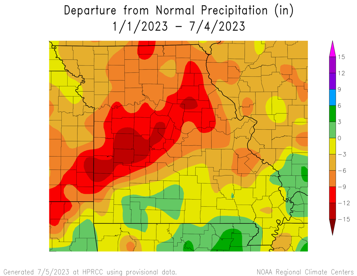 This map shows rainfall deficits in Missouri so far this year compared to the average rainfall.