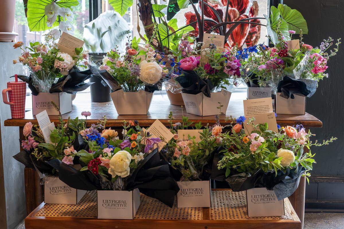 Several bouquet of flowers are are seen on display at Lily Floral Collective on Friday, May 8, 2026, in Kansas City.