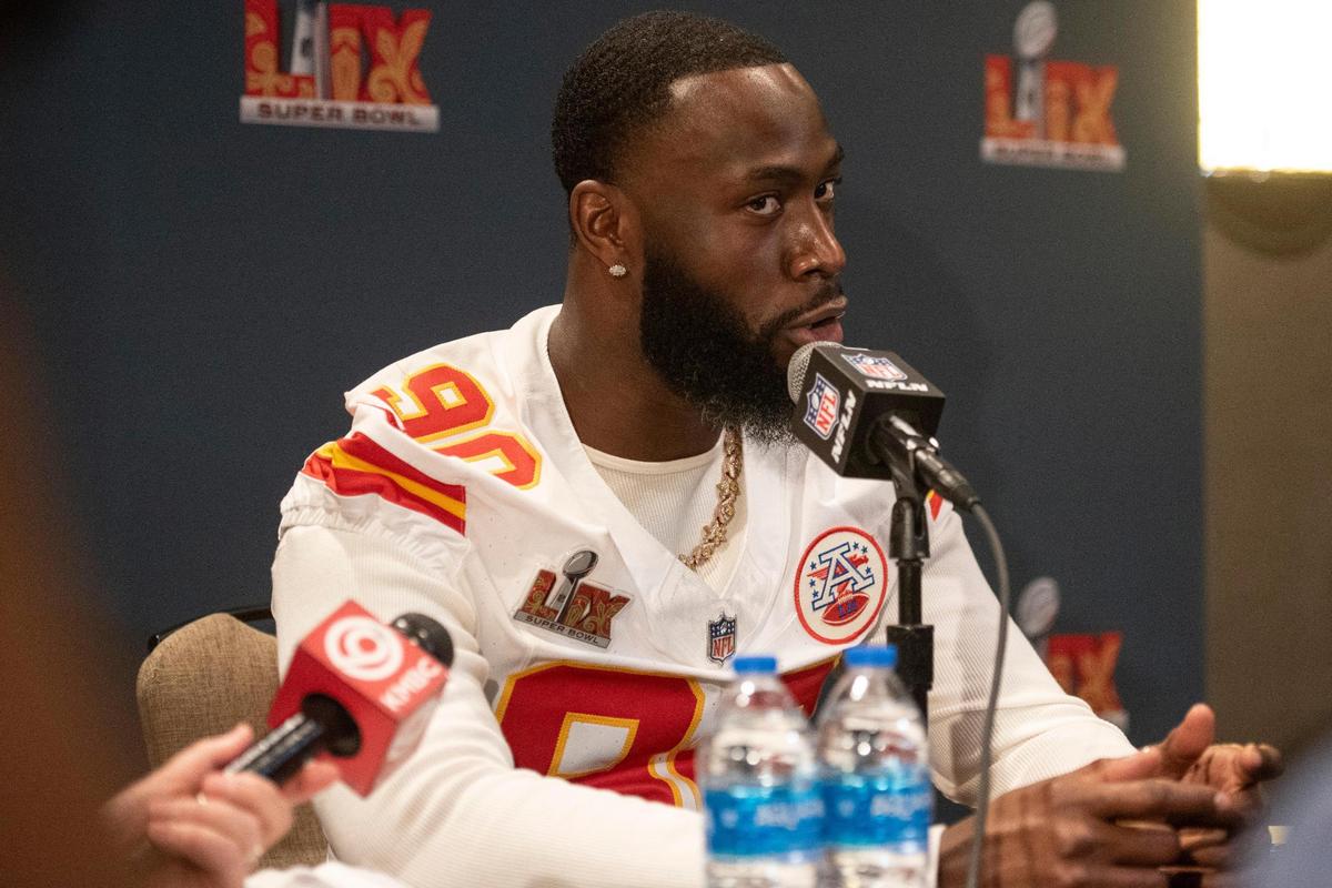 Kansas City Chiefs defensive end Charles Omenihu (90) takes questions from the press during a team media availability at New Orleans Marriott in New Orleans on Tuesday, Feb. 4, 2025.