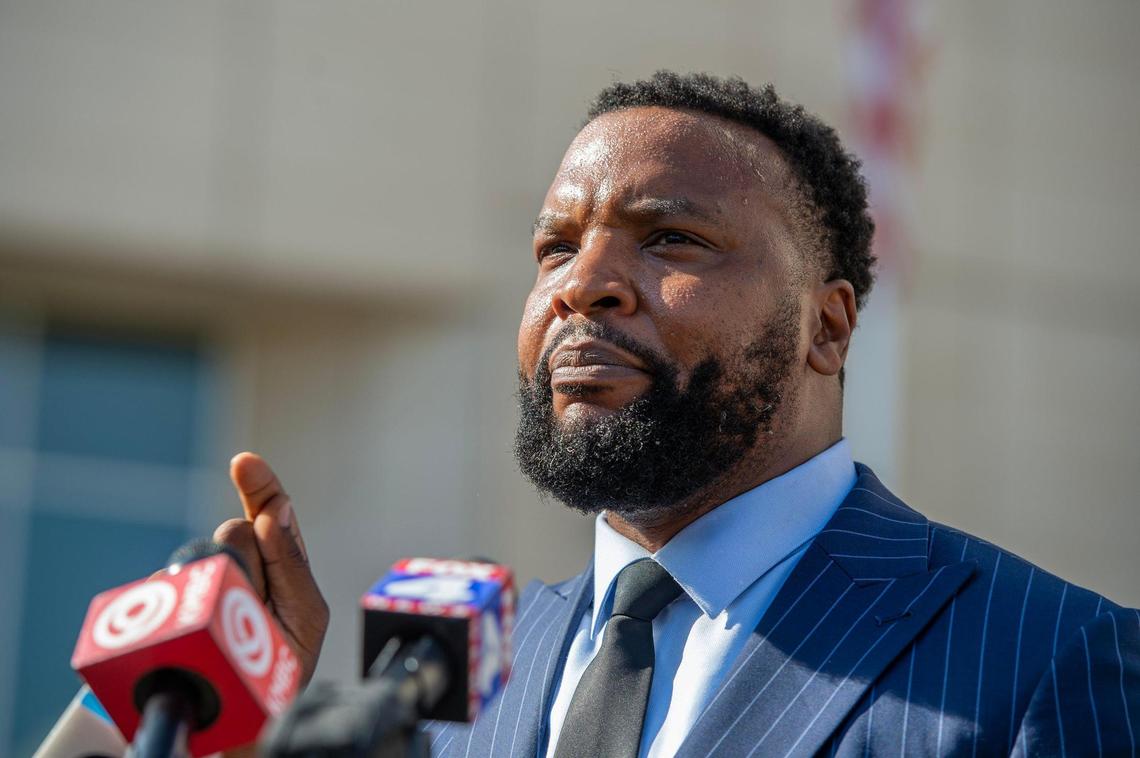 Lee Merritt, civil rights lawyer, speaks during rally for Ralph Yarl a in front of the Charles E. Whittaker U.S. Courthouse on Tuesday, April 18, 2023, in Kansas City.