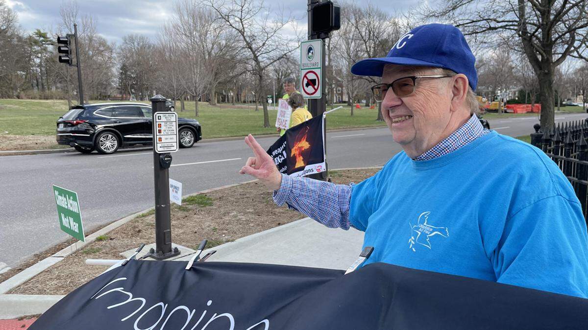 Henry Stoever at the anti-nuke protest he has been showing up for, often almost alone, every week since 2003 in Kansas City.