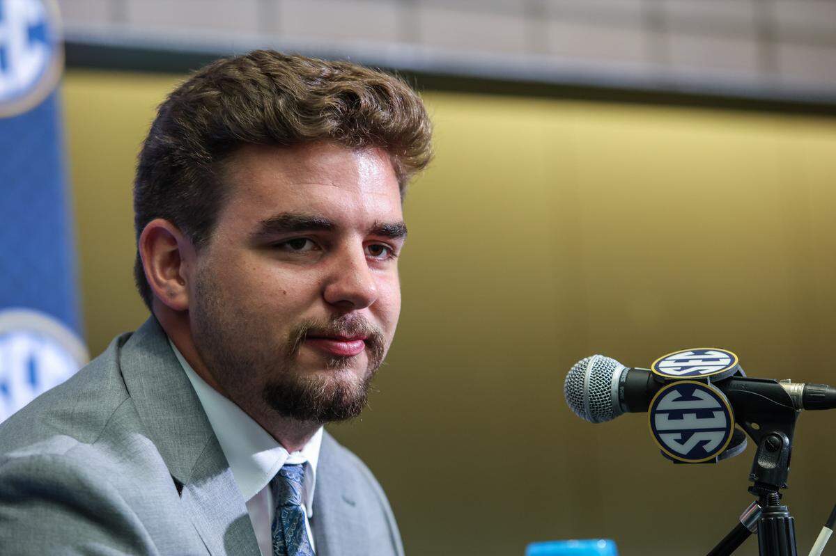 Missouri Tigers center Connor Tollison answers questions from the media during SEC Media Days at the Omni Atlanta Hotel in Atlanta on Thursday, July 17, 2025.