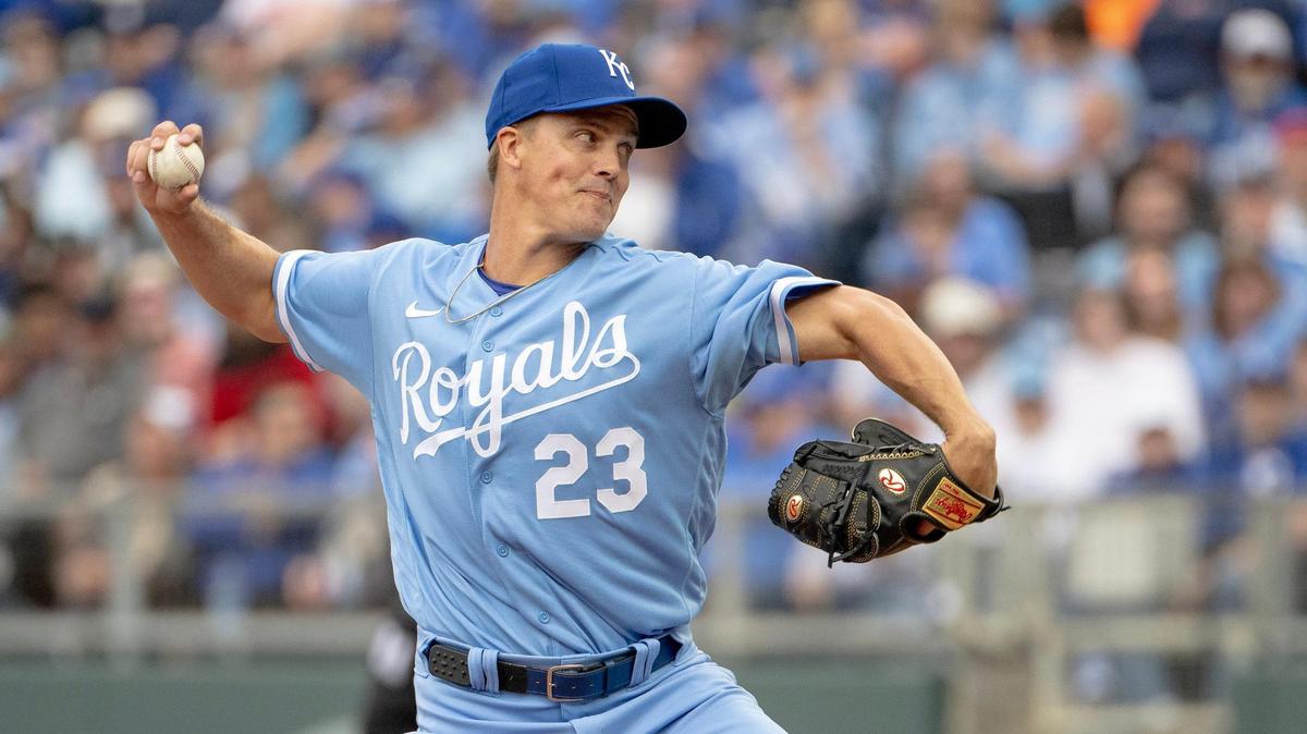 Kansas City Royals starting pitcher Zack Greinke (23) throws a pitch against the Minnesota Twins during an Opening Day baseball game at Kauffman Stadium, Thursday, March 30, 2023, in Kansas City.