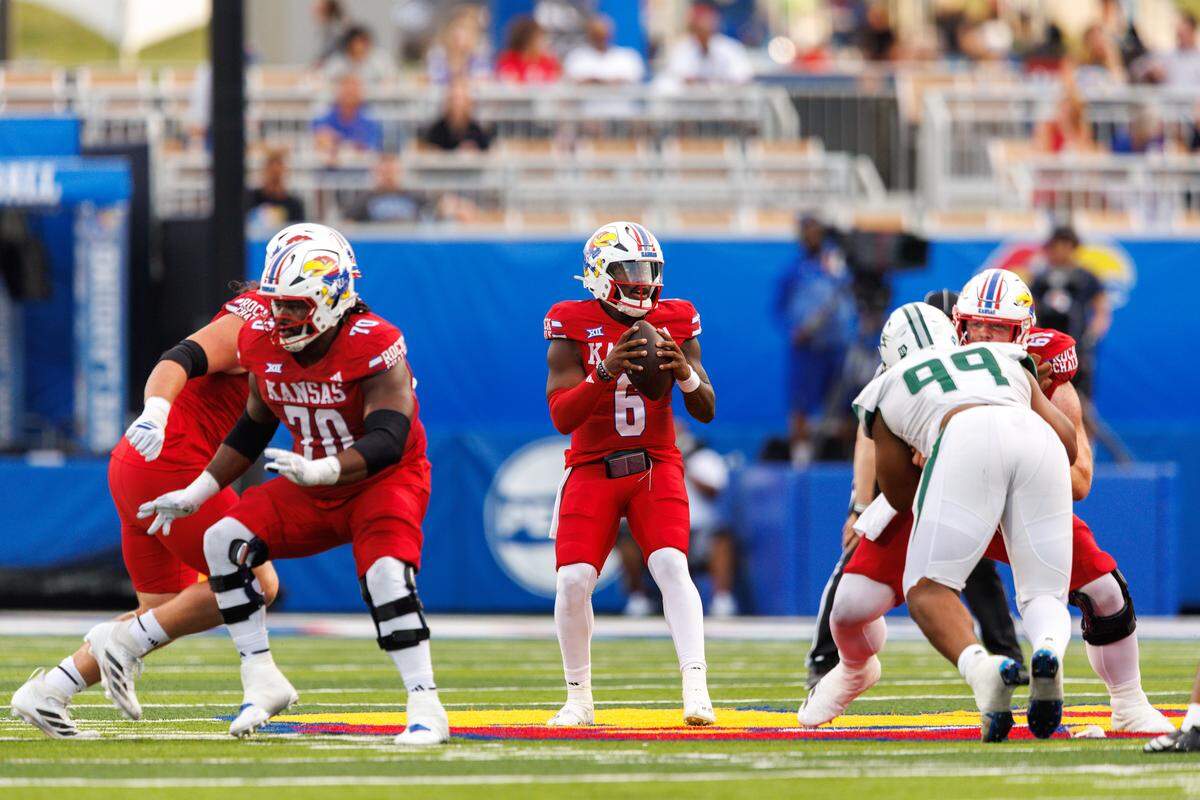Kansas Jayhawks quarterback Jalon Daniels (6) looks to pass during the first half against the Wagner Seahawks at David Booth Kansas Memorial Stadium on Aug. 29, 2025.
