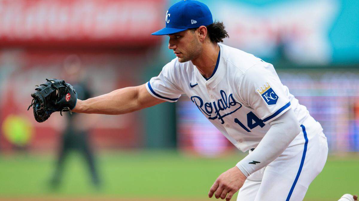 Royals rookie Jac Caglianone makes a play at first base during a Wednesday, June 11 Major League Baseball game against the New York Yankees at Kauffman Stadium in Kansas City.