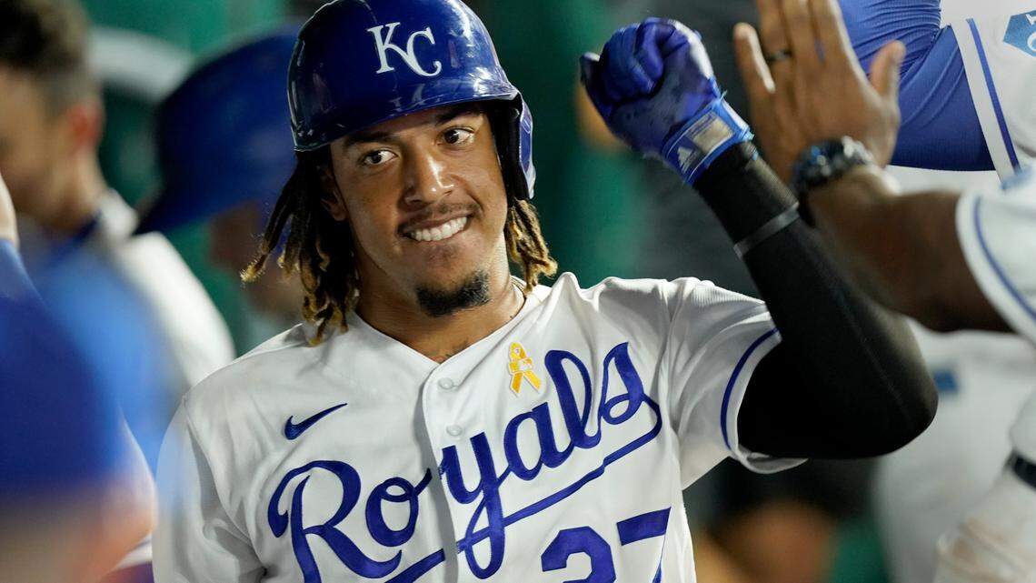 Kansas City Royals’ Adalberto Mondesi celebrates in the dugout after hitting a solo home run during the fourth inning of a baseball game against the Cleveland Indians Wednesday, Sept. 1, 2021, in Kansas City, Mo. (AP Photo/Charlie Riedel)