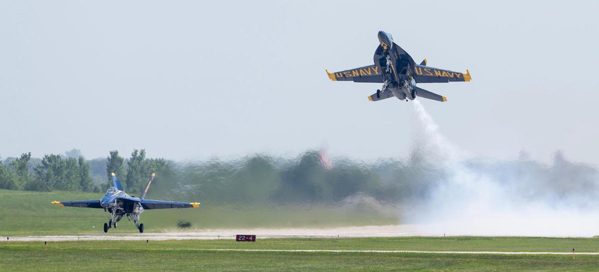 The U.S. Navy Blue Angels fly during the Garmin KC Air Show on Saturday, Aug. 19, 2023, in New Century.