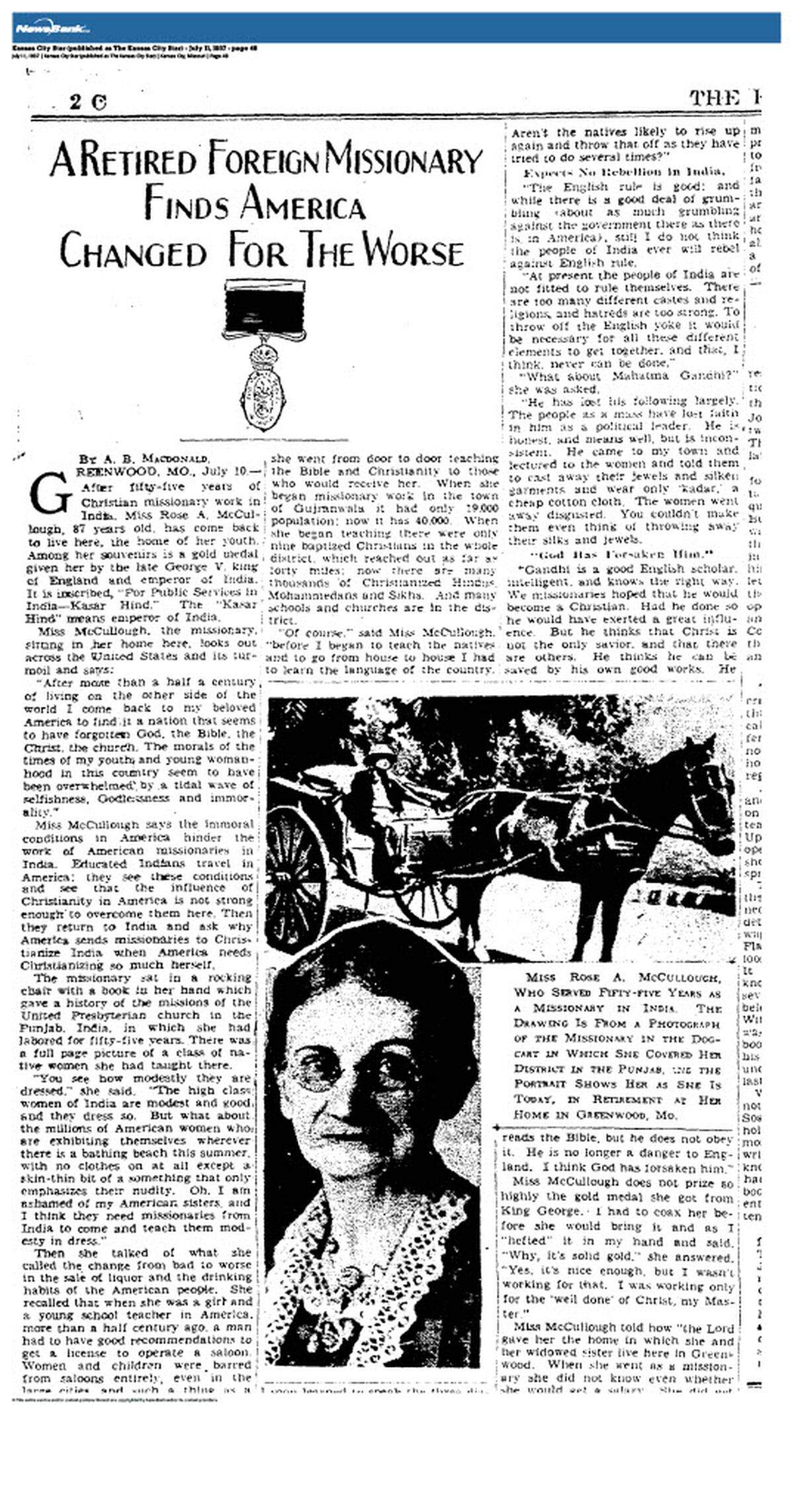 The Star wrote about Lincoln College alumna Rose A. McCullough in 1937 after she returned from spending 55 years as a missionary in India.