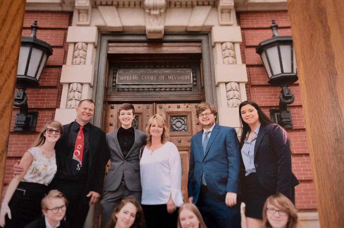 R.J. Appleberry and family members are pictured in a photo from their visit to the Missouri Supreme Court. Pictured from left: Ashley Appleberry, Robert Appleberry, R.J. Appleberry, Rachelle Appleberry, and R.J.’s high school friends. Bottom left: Robby Appleberry.