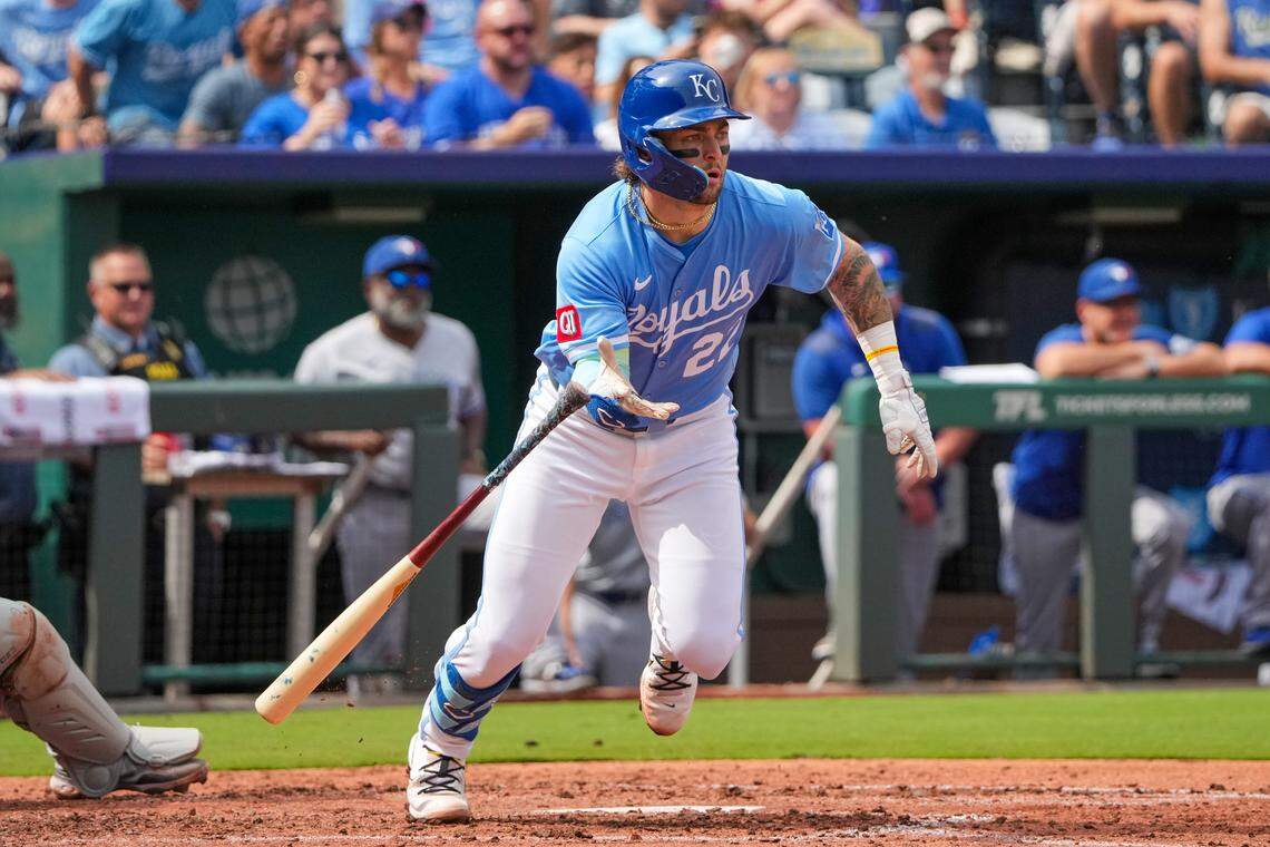 Royals catcher Carter Jensen hits a two-run fourth-inning single against the Toronto Blue Jays during a Major League Baseball game at Kauffman Stadium in Kansas City on Sunday, Sept. 21, 2025.