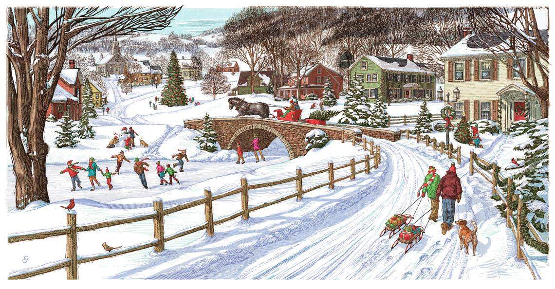 The work of Hallmark Cards artist Geoff Greenleaf inspired the “Christmas in Evergreen” films and is used in transition shots, particularly returning from commercial breaks.