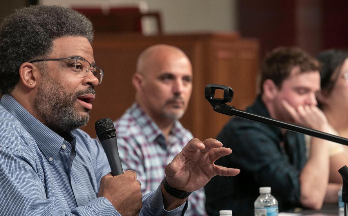 Haile Sims, with the Advocacy and Awareness Group of Johnson County, spoke alongside seven other members of the panel on race Saturday.