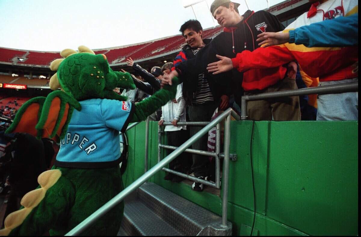 Chopper, the Wiz’s mascot, meets some fans before a 1996 game at Arrowhead Stadium. The 1996 season was the first for the franchise that would later become known as Sporting Kansas City.
