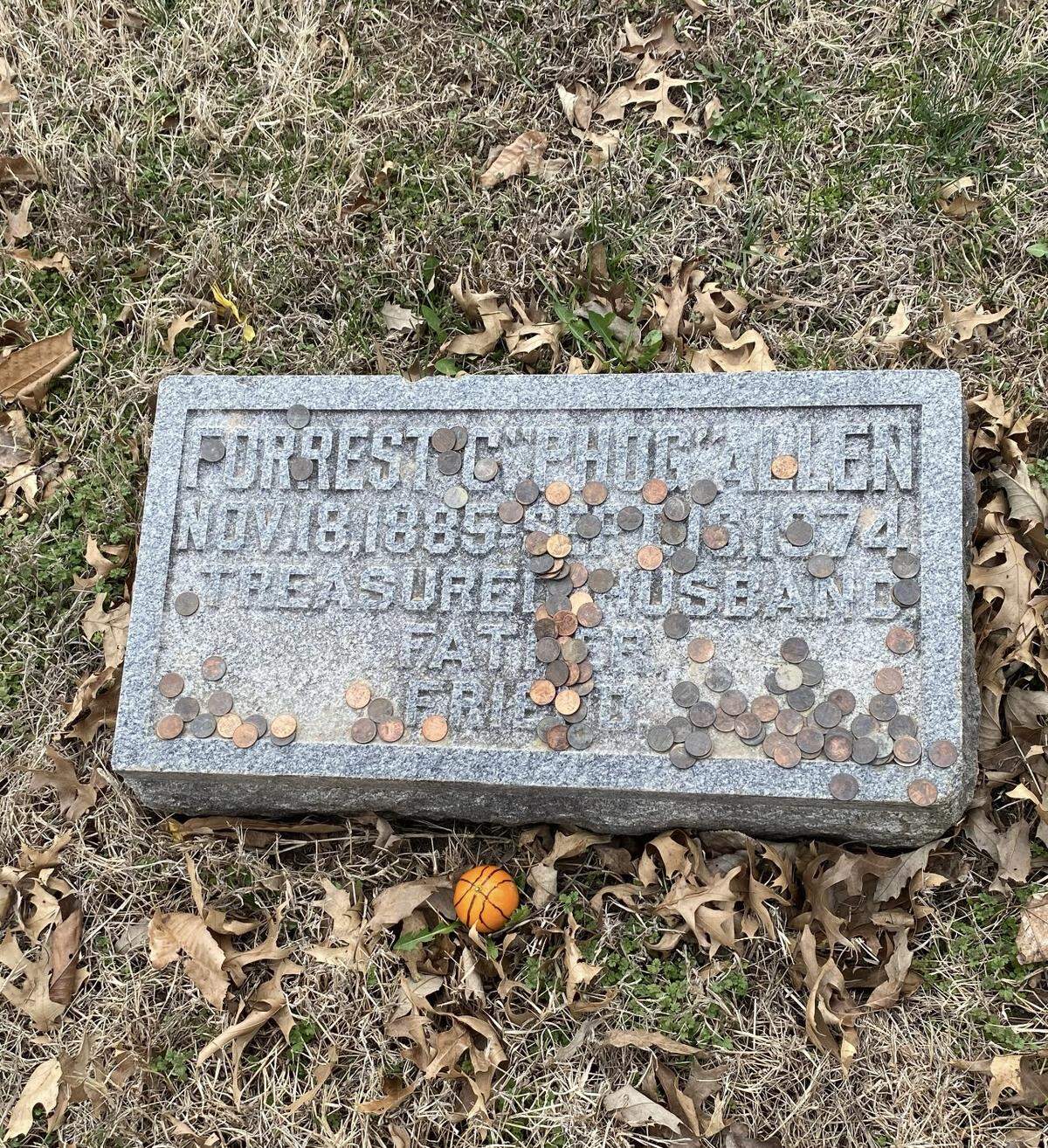 As the NCAA tournament gets underway, there are currently pennies scattered on Phog Allen’s grave marker in Lawrence.