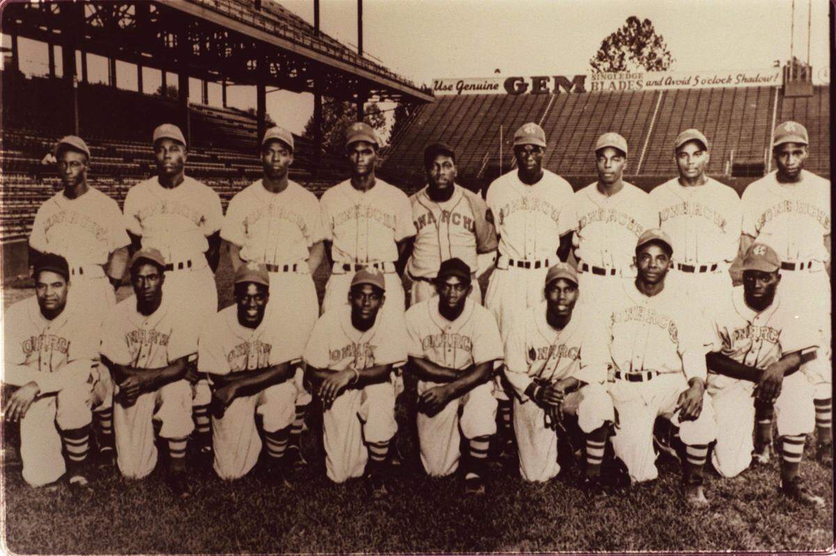 The Kansas City Monarchs are pictured in this 1945 photo. Jackie Robinson is third from left in the front row.  