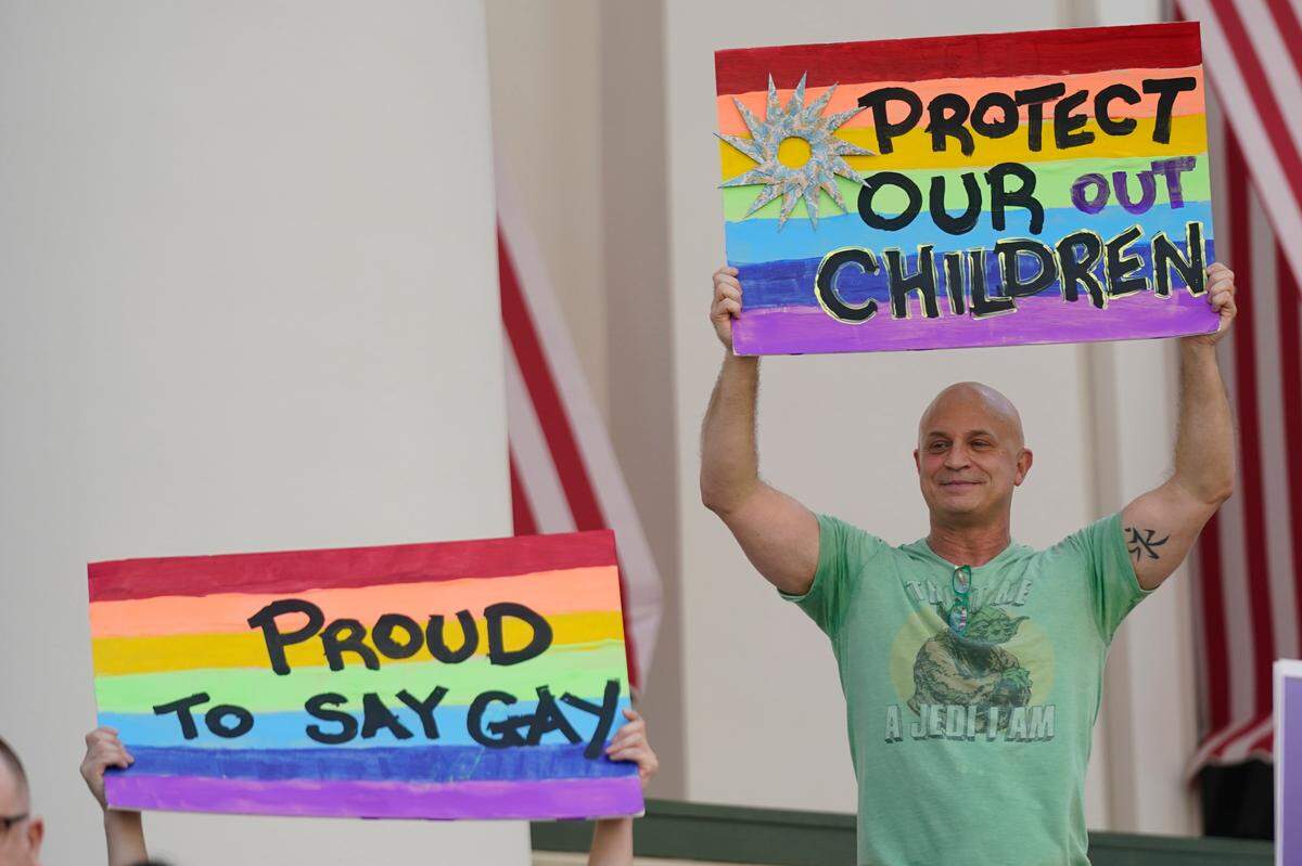 Demonstrators went to Florida’s Capitol in Tallahassee on March 7 to oppose the “Don’t Say Gay” bill.