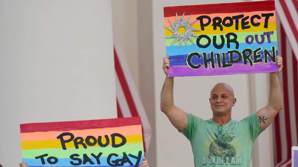Demonstrators went to Florida’s Capitol in Tallahassee on March 7 to oppose the “Don’t Say Gay” bill.