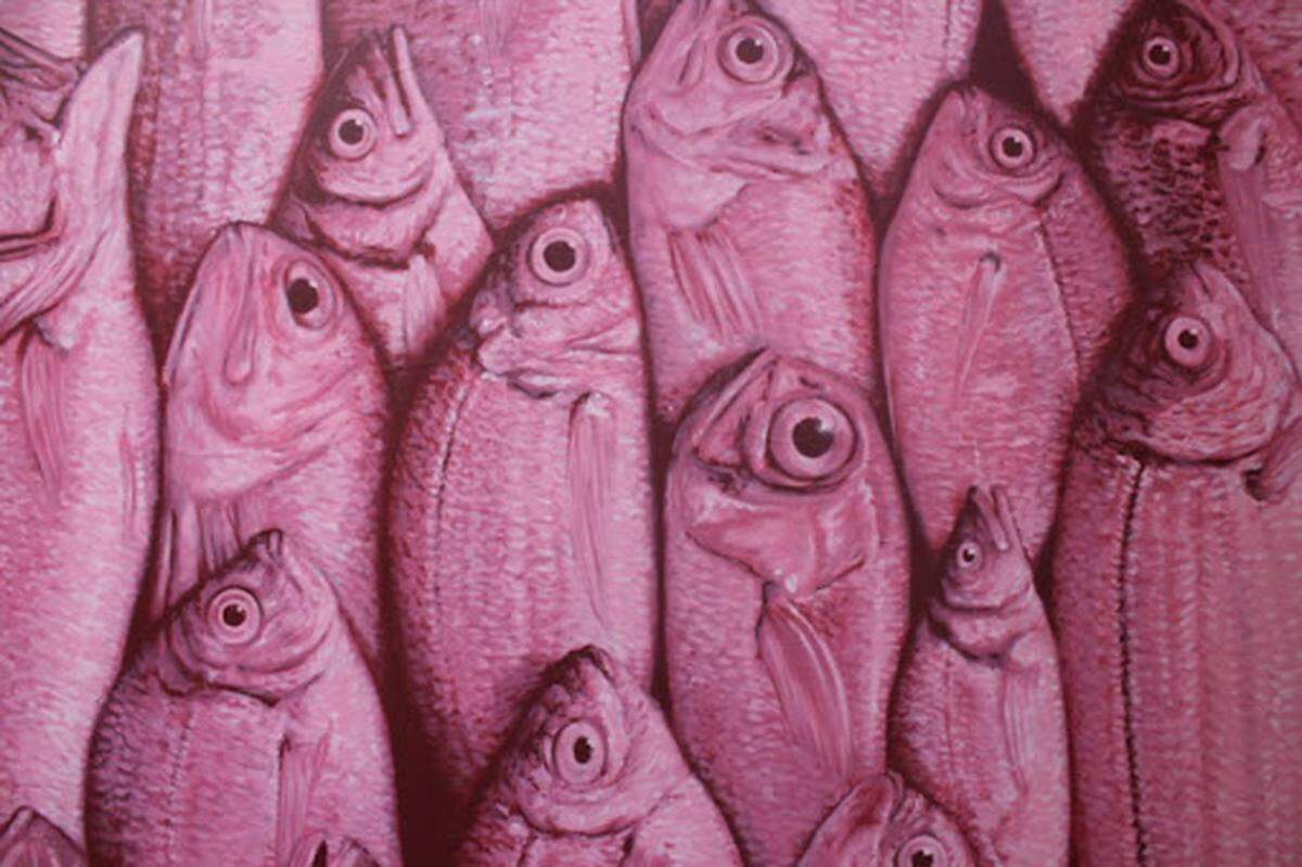 Jonah Ballard has come to focus on pink as his signature color in the last six years. He was selling one such piece using it, “Strawberry Fish Original.”