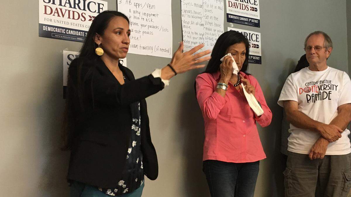 Sharice Davids, left, and Deb Haaland, right, appeared together Sunday in Kansas City, Kan. The two could be the first Native American women ever elected to Congress.