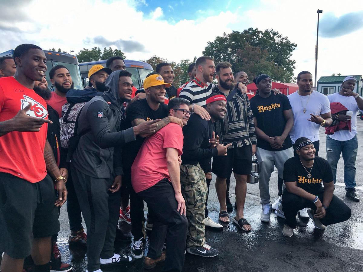 Brothers Travis and Jason Kelce were surrounded by friends from their hometown, Cleveland Heights, Ohio, at Arrowhead Stadium after the Chiefs beat the Philadelphia Eagles in 2017.