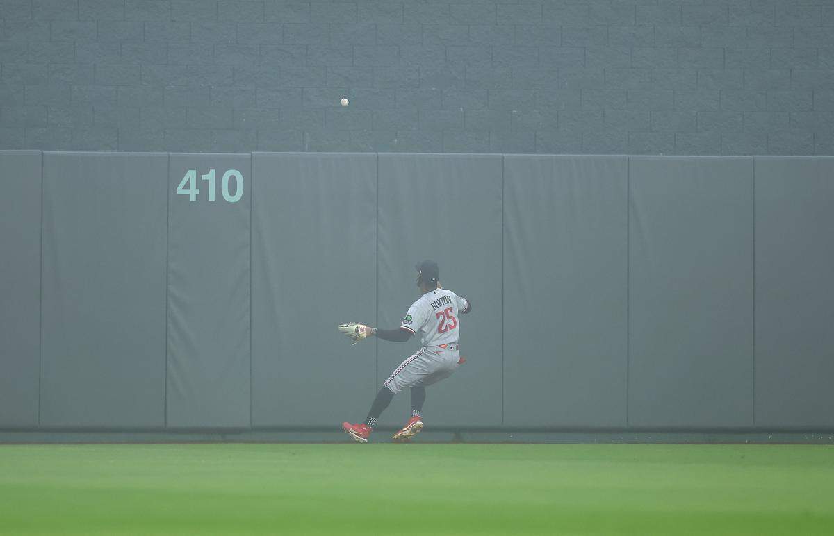 Center fielder Byron Buxton #25 of the Minnesota Twins fields a double off the wall during the 1st inning of the game against the Kansas City Royals at Kauffman Stadium on April 1, 2026 in Kansas City.